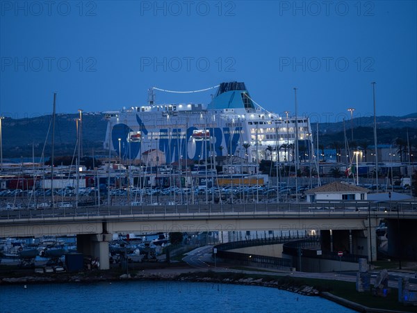 Ferry in the harbour, blue hour, Olbia, Sardinia, Italy, Europe