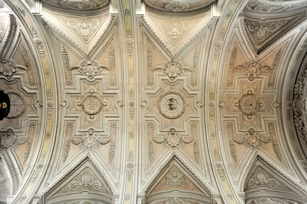 St Paul's parish church, the first church was consecrated to St Paul around 1050, Passau, complex ceiling vault with stucco and symmetrical patterns in a baroque church, Passau, Bavaria, Germany, Europe