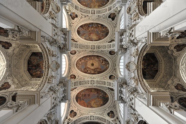 St Stephen's Cathedral, Passau, Symmetrical view of a baroque church ceiling with complex frescoes and stucco work, Passau, Bavaria, Germany, Europe
