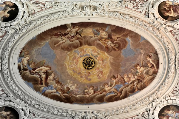 St Stephen's Cathedral, Passau, Baroque fresco with angels and cloud-shrouded light, rich ornamentation, St Stephen's Cathedral, Passau, Bavaria, Germany, Europe