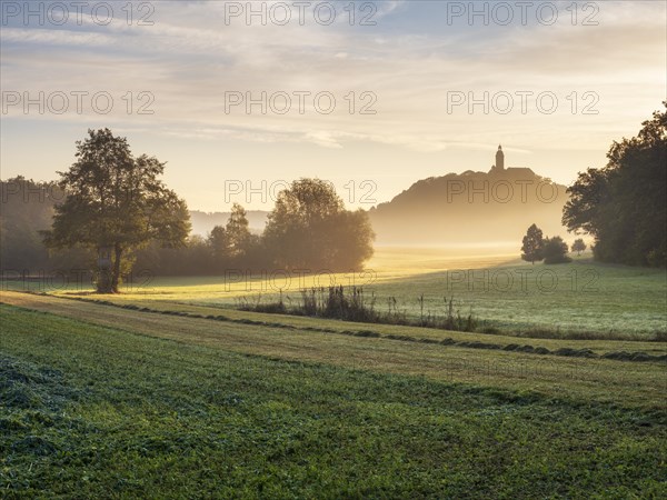 Landscape with Virnsberg Castle in the morning light with morning fog, Ansbach, Middle Franconia, Bavaria, Germany, Europe