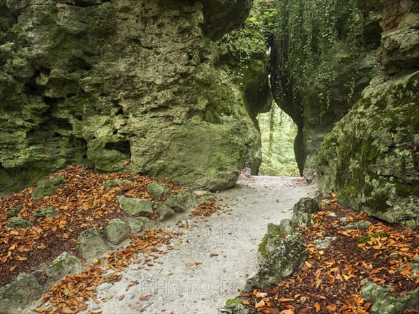 Split rock in the Sanspareil rock garden in the Franconian Switzerland-Veldenstein Forest nature park Park, landscape park, Wonsees, Upper Franconia, Franconian Switzerland, Bavaria, Germany, Europe