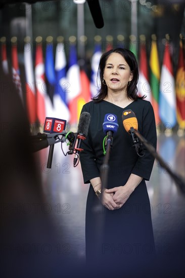 Annalena Baerbock, Federal Foreign Minister, photographed during a doorstep at the meeting of NATO foreign ministers. Brussels, 04.04.2024. Photographed on behalf of the Federal Foreign Office