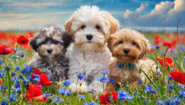 KI generated, animal, animals, mammal, mammals, Maltipoo (Canis lupus familiaris), dog, dogs, bitch, cross between poodle and Maltese, dwarf poodle, small poodle, flower meadow, bitch and two puppies