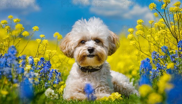 KI generated, animal, animals, mammal, mammals, Maltipoo (Canis lupus familiaris), dog, dogs, bitch, cross between poodle and Maltese, dwarf poodle, small poodle, flower meadow, puppy, cream, white