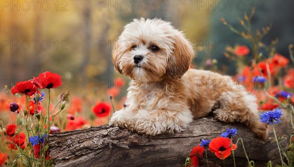 KI generated, animal, animals, mammal, mammals, Maltipoo (Canis lupus familiaris), dog, dogs, bitch, cross between poodle and Maltese, dwarf poodle, small poodle, flower meadow, tree trunk, small puppy lying on tree trunk, flowers