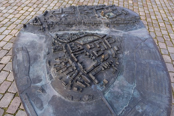 Sculptural model of the Havelberg town island with Braille for the blind, Havelberg, Saxony-Anhalt, Germany, Europe