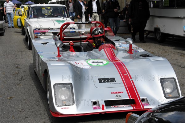 A white and red endurance racing car with drivers on a race track, SOLITUDE REVIVAL 2011, Stuttgart, Baden-Wuerttemberg, Germany, Europe