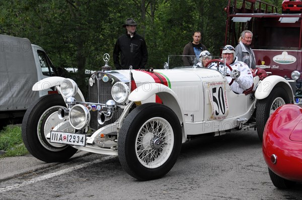 Mercedes-Benz SSK, built in 1928, A white classic sports car with starting number 50 ready for a classic car race, SOLITUDE REVIVAL 2011, Stuttgart, Baden-Wuerttemberg, Germany, Europe