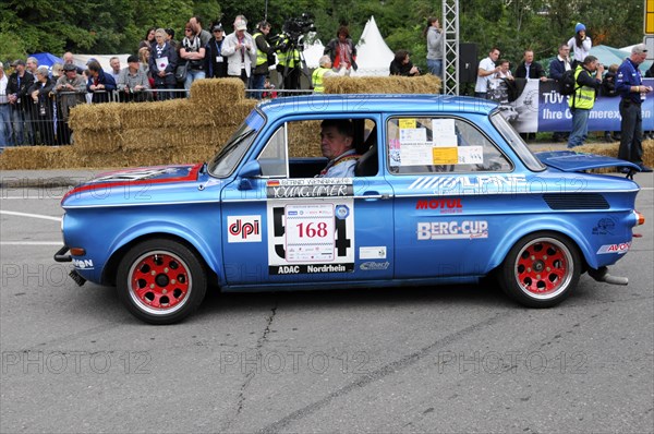 NSU TT, model year 1968, view from the side of a blue racing car with red rims in front of a crowd of spectators, SOLITUDE REVIVAL 2011, Stuttgart, Baden-Wuerttemberg, Germany, Europe