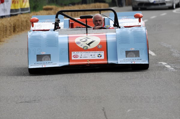 Close-up of a blue and white open-top racing car with the driver in a helmet, SOLITUDE REVIVAL 2011, Stuttgart, Baden-Wuerttemberg, Germany, Europe