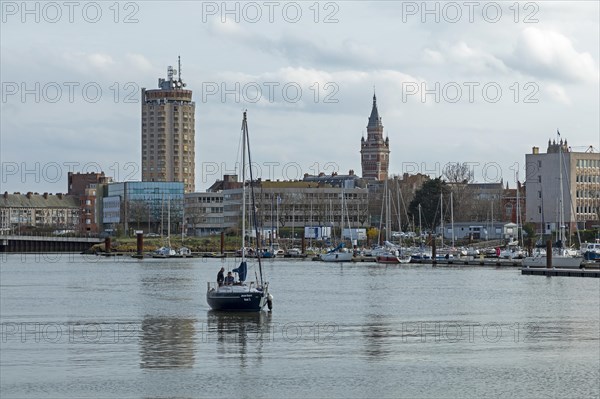 Boats, sailing boat, marina, skyscraper, houses, tower of the Hotel de Ville, town hall, Dunkirk, France, Europe