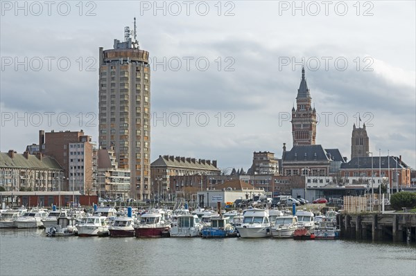 Boats, marina, skyscraper, houses, tower of the Hotel de Ville, town hall, belfry, Dunkirk, France, Europe