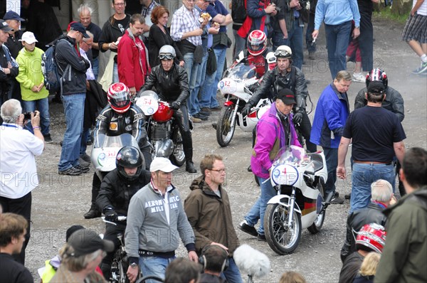 Motorcyclists prepare for the ride at a motorsport event, SOLITUDE REVIVAL 2011, Stuttgart, Baden-Wuerttemberg, Germany, Europe