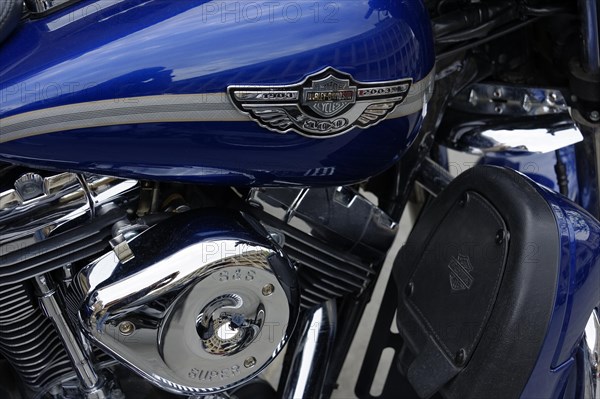 Close-up of a blue Harley-Davidson motorbike with chrome details, Marseille, Departement Bouches-du-Rhone, Provence-Alpes-Cote d'Azur region, France, Europe