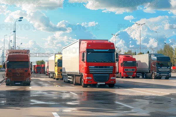 Many trucks in international long-distance traffic park at night, on weekends and over the holidays in a congested, overcrowded motorway service area, symbolic image for precarious parking situation, parking shortage for long-distance drivers, truck drivers, truckers on German motorways, AI generated, AI generated, AI generated