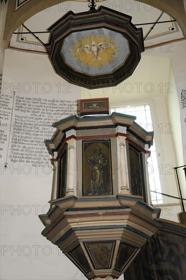 Langenburg Castle, A religiously decorated pulpit with a painting in a church interior, Langenburg Castle, Langenburg, Baden-Wuerttemberg, Germany, Europe