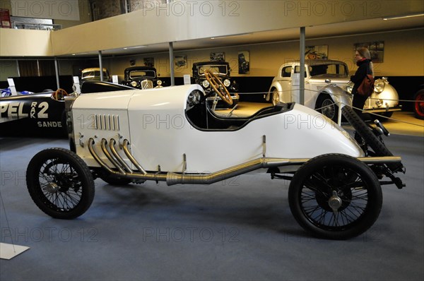 Deutsches Automuseum Langenburg, A historic white racing car on display in a bright exhibition room, Deutsches Automuseum Langenburg, Langenburg, Baden-Wuerttemberg, Germany, Europe