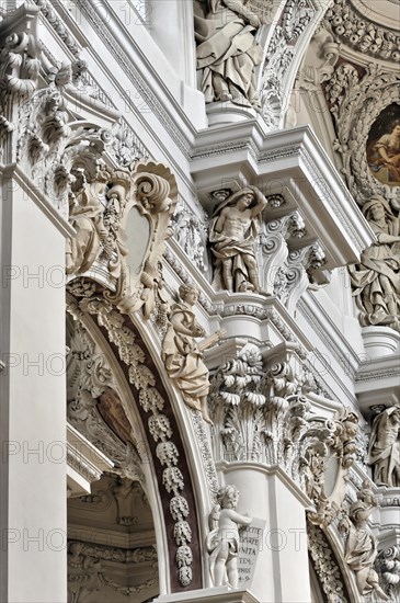 St Stephen's Cathedral, Passau, detail of baroque stucco work with sculptures in a church interior, St Stephen's Cathedral, Passau, Bavaria, Germany, Europe
