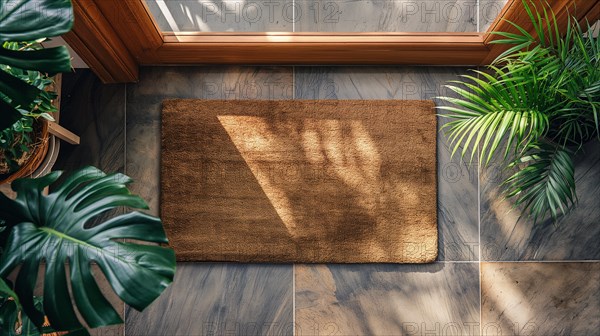 Blank welcome mat at custom front door of house. generative AI, AI generated