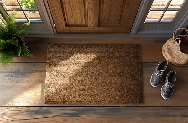 Blank welcome mat and pair of shoes at front door of house. generative AI, AI generated