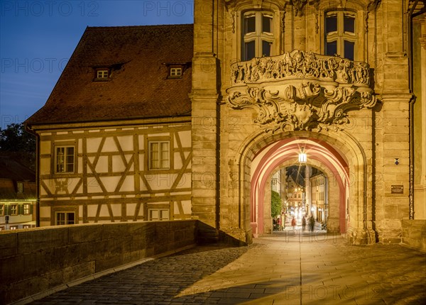 Old Town Hall on the Upper Bridge, passageway at dusk, Bamberg, Upper Franconia, Bavaria, Germany, Europe