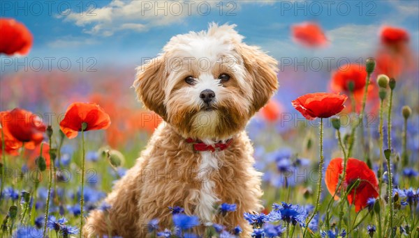 KI generated, animal, animals, mammal, mammals, Maltipoo (Canis lupus familiaris), dog, dogs, bitch, cross between poodle and Maltese, dwarf poodle, small poodle, flower meadow, puppy, cream