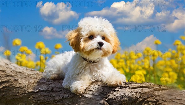 KI generated, animal, animals, mammal, mammals, Maltipoo (Canis lupus familiaris), dog, dogs, bitch, cross between poodle and Maltese, dwarf poodle, small poodle, flower meadow, tree trunk, small puppy lying on tree trunk in front of rape field