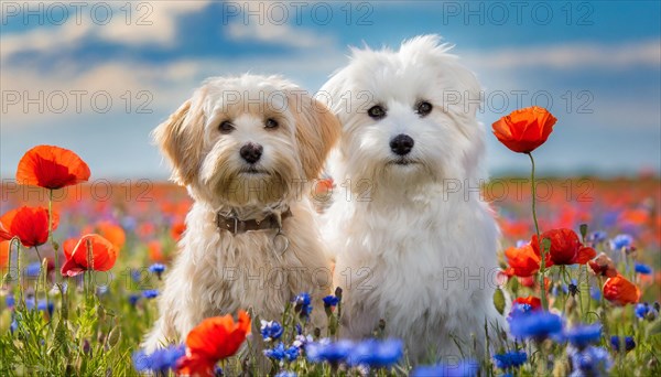 KI generated, animal, animals, mammal, mammals, Maltipoo (Canis lupus familiaris), dog, dogs, bitch, cross between poodle and Maltese, miniature poodle, small poodle, flower meadow, two, pair