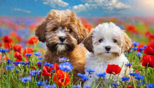 KI generated, animal, animals, mammal, mammals, Maltipoo (Canis lupus familiaris), dog, dogs, bitch, cross between poodle and Maltese, dwarf poodle, small poodle, flower meadow, two, bitch with puppy