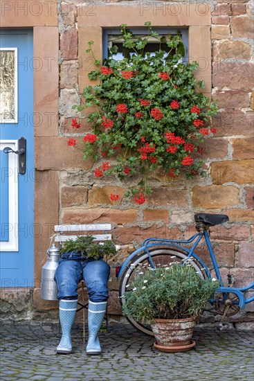 Curious decoration on a front door, blue jeans trousers in rubber boots with flower pot, geraniums, old bicycle, idyll, old town, Ortenberg, Wetterau, Vogelsberg, Hesse, Germany, Europe