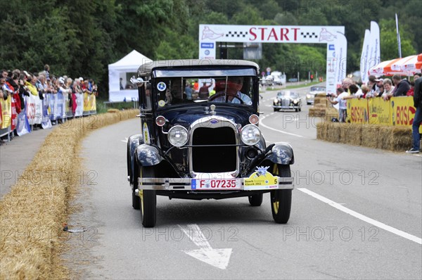 Ford Model A, year of construction 1929, Black Ford classic car in front of the starting line of a race on a cloudy day, SOLITUDE REVIVAL 2011, Stuttgart, Baden-Wuerttemberg, Germany, Europe