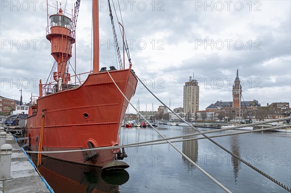 Lightship, boats, marina, skyscraper, houses, tower of the Hotel de Ville, town hall, Dunkirk, France, Europe