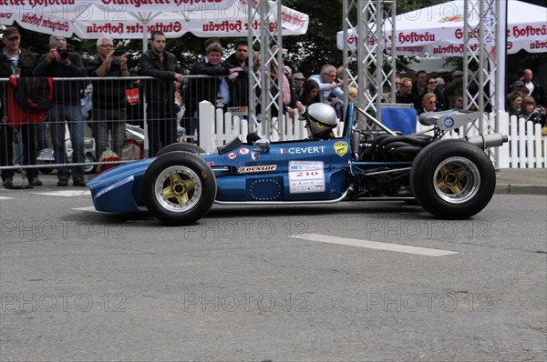 Blue formula racing car at the starting position of a race, driver with helmet visible, SOLITUDE REVIVAL 2011, Stuttgart, Baden-Wuerttemberg, Germany, Europe