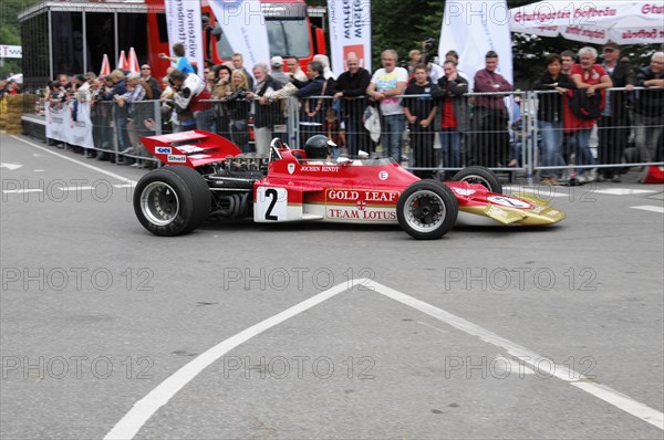 A red formula racing car from Gold Leaf Team Lotus bears the number 2, SOLITUDE REVIVAL 2011, Stuttgart, Baden-Wuerttemberg, Germany, Europe