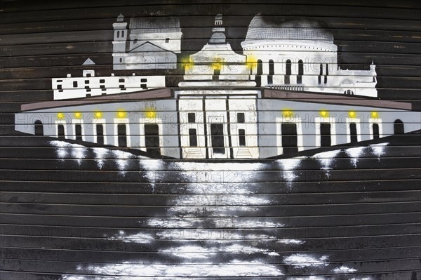 Marseille, Projection of an illuminated building on a wooden surface at night, Marseille, Departement Bouches-du-Rhone, Provence-Alpes-Cote d'Azur region, France, Europe