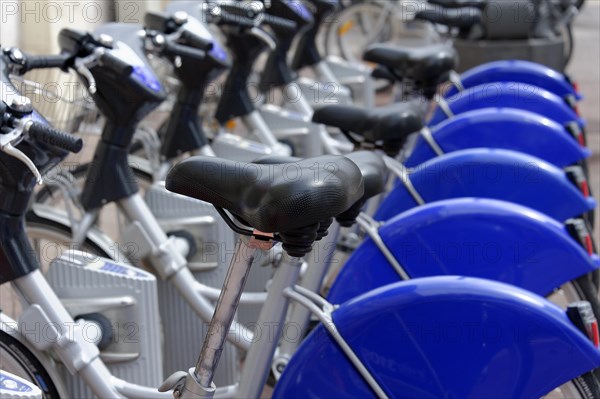 Marseille, A public bike hire station with a range of blue bikes, Marseille, Departement Bouches-du-Rhone, Provence-Alpes-Cote d'Azur region, France, Europe