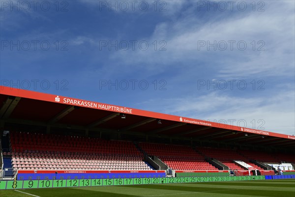 Opposite stand, Sparkasse main stand, logo, Sparkasse, empty, interior, Voith-Arena, Heidenheim, Baden-Wuerttemberg, Germany, Europe