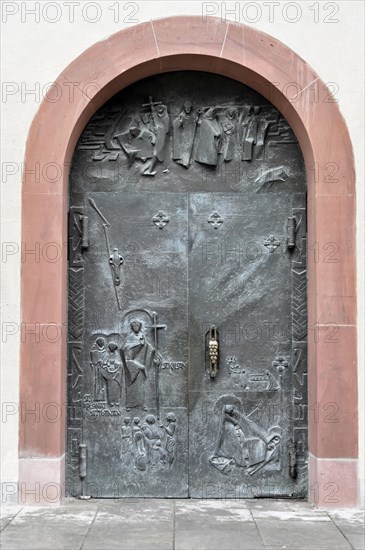 Wuerzburg, Romanesque UNESCO St Kilian's Cathedral, St Kilian, Cathedral, Detailed view of a bronze door with historical relief on a sacred building, Wuerzburg, Lower Franconia, Bavaria, Germany, Europe