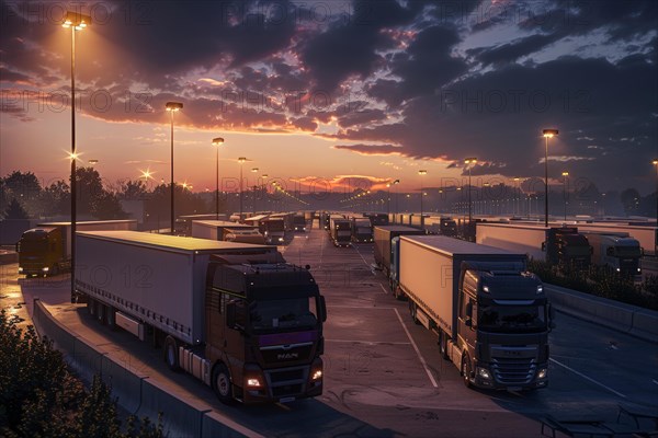 Many trucks in international long-distance traffic park at night, on weekends and over the holidays in a congested, overcrowded motorway service area, symbolic image for precarious parking situation, parking shortage for long-distance drivers, truck drivers, truckers on German motorways, AI generated, AI generated, AI generated