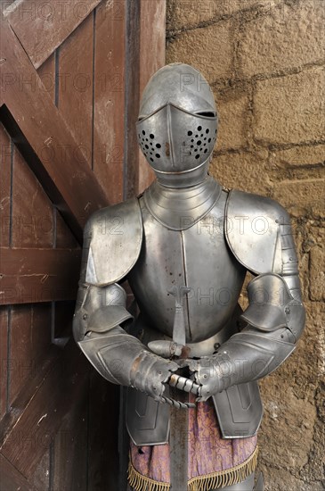 Knight's armour, modern talking doorman, Castillo de Santa Catalina, gothic castle in Jaen, medieval knight's armour completely presented on a stand, Granada, Andalusia, Spain, Europe