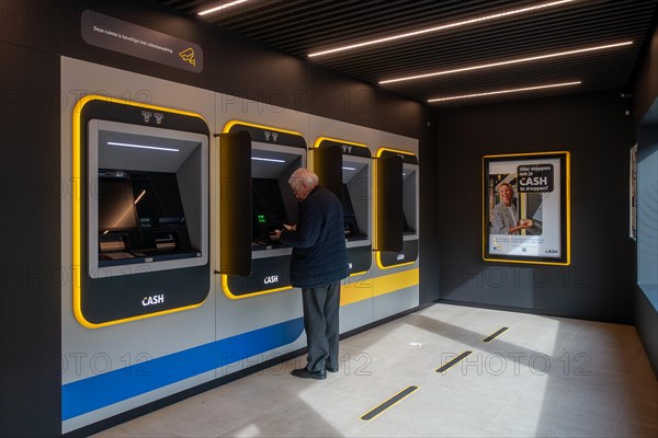 Elderly man collecting money from indoor ATM cash dispenser of bank neutral Bancontact CASH point in Flanders, Belgium. MODEL RELEASED