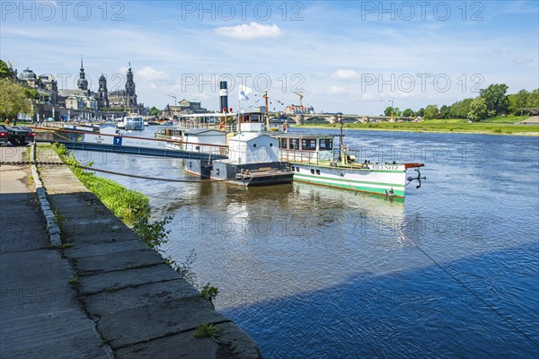View of the historic old town ensemble and the steamer landing stage on the Terrassenufer in Dresden, Saxony, Germany, Europe