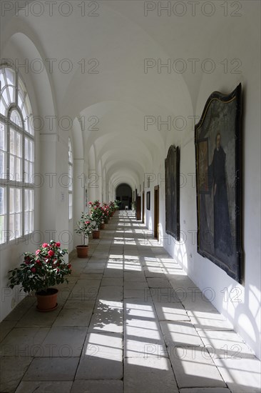 Interior view, cloister, Benedictine monastery Rajhrad, Loucka, Rajhrad, Jihomoravsky kraj, Czech Republic, Europe