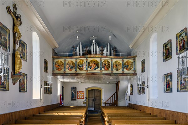 The organ loft, Church of St Alexander and St George, Memhoelz, Allgaeu, Swabia, Bavaria, Germany, Europe