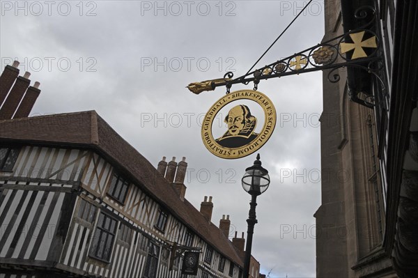 Signboard, William Shakespeare's classroom and town hall, Stratford upon Avon, England, Great Britain