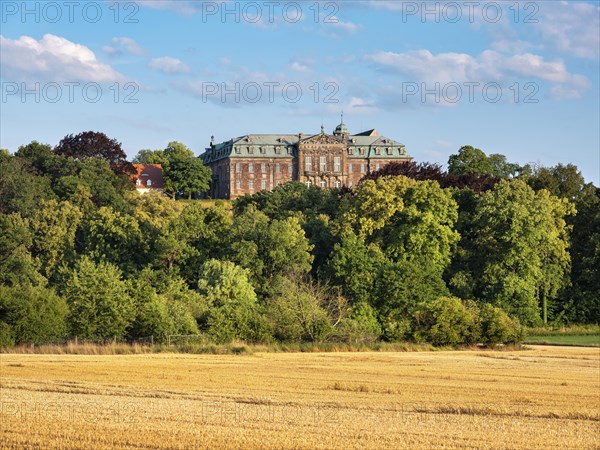 View over stubble field to Burgscheidungen Castle, Unstruttal, Burgenlandkreis, Saxony-Anhalt, Germany, Europe