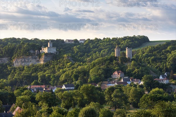 View of Rudelsburg castle ruins, Saaleck castle and Kreipitzsch manor, in the Saale valley, near Bad Koesen, Saxony-Anhalt, Germany, Europe