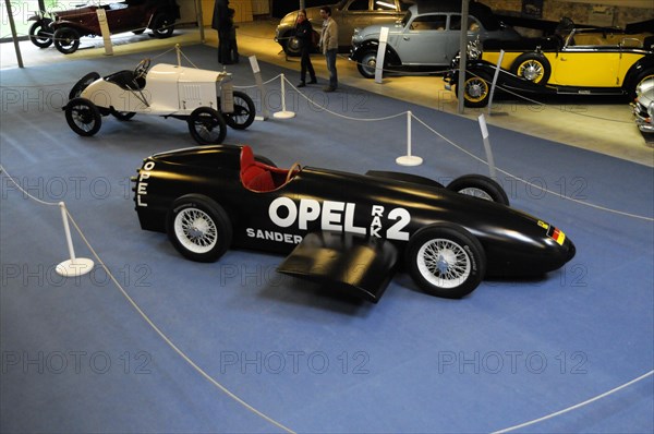 Opel RAK 2 built in 1928, Deutsches Automuseum Langenburg, A black historic Opel racing car on display in a car museum, Deutsches Automuseum Langenburg, Langenburg, Baden-Wuerttemberg, Germany, Europe