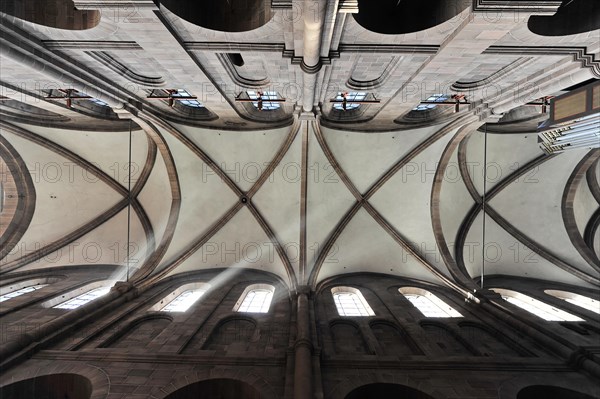 Speyer Cathedral, view upwards to the ribbed vault of a Gothic church with symmetrical architecture, Speyer Cathedral, Unesco World Heritage Site, foundation stone laid around 1030, Speyer, Rhineland-Palatinate, Germany, Europe